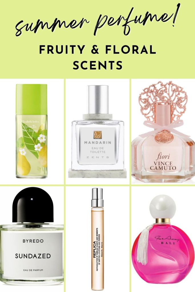 Collage with summer perfumes with text that says "summer perfumes, fruity and floral scents."