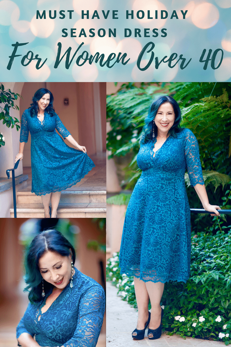 Collage of images in a woman in a turquoise lace dress with text that says "Must have dress for women over 40".