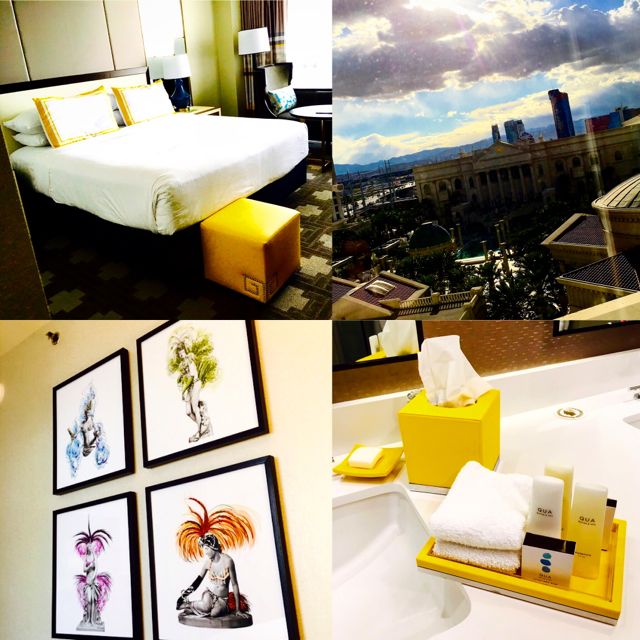 Collage of images from a hotel room at Caesars Palace in Las Vegas.