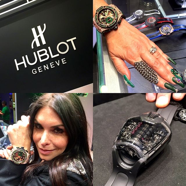 Collage of images of shopping in the Hublot store in Las Vegas and trying on watches. 