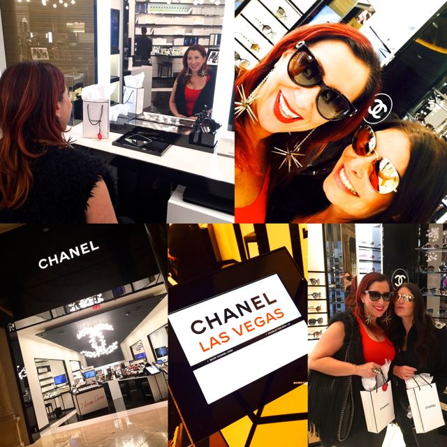 Collage of images of woman trying on sunglasses in the Chanel store.